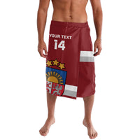 Red athletic shorts with white stripe and Latvia crest, number 14 detail