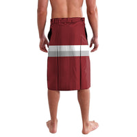 Red athletic shorts with wide white stripe across front