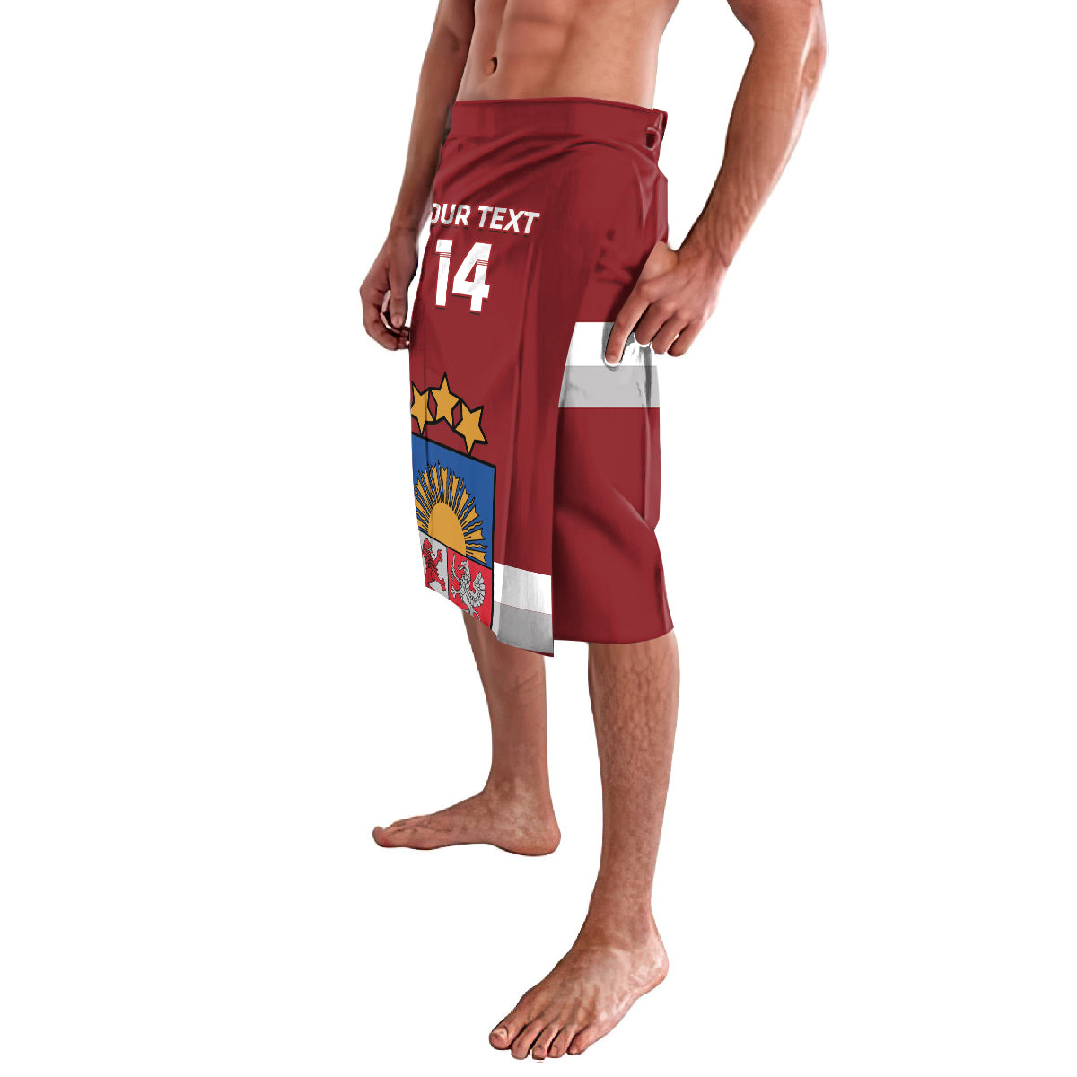 Red athletic shorts with number 14 and Latvia crest on the side