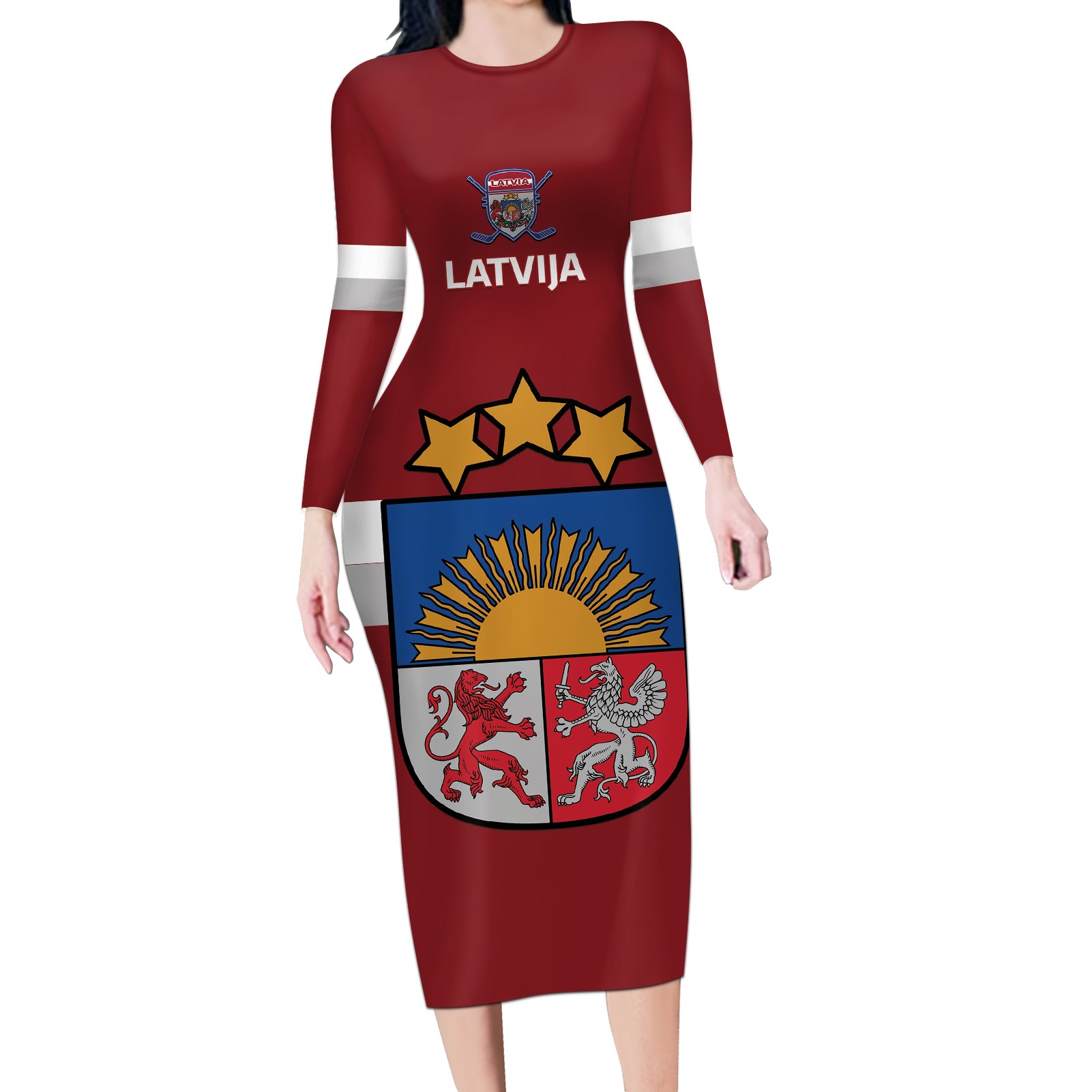 Custom Latvia Hockey Long Sleeve Bodycon Dress 2024 Go Latvija - Wonder Print Shop