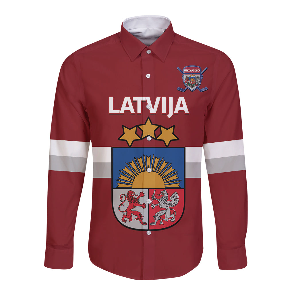 Red hockey long-sleeve button shirt, front Latvija text, crest with stars