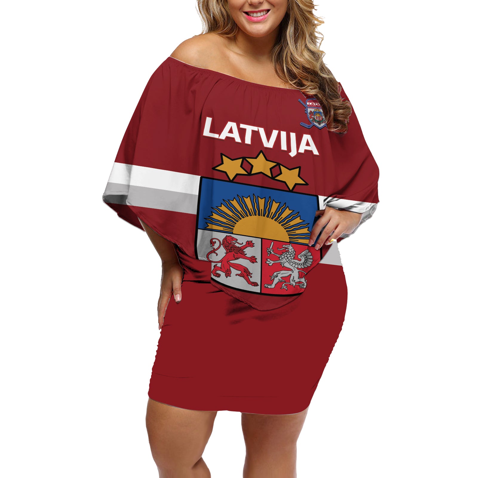 Custom Latvia Hockey Off Shoulder Short Dress 2024 Go Latvija