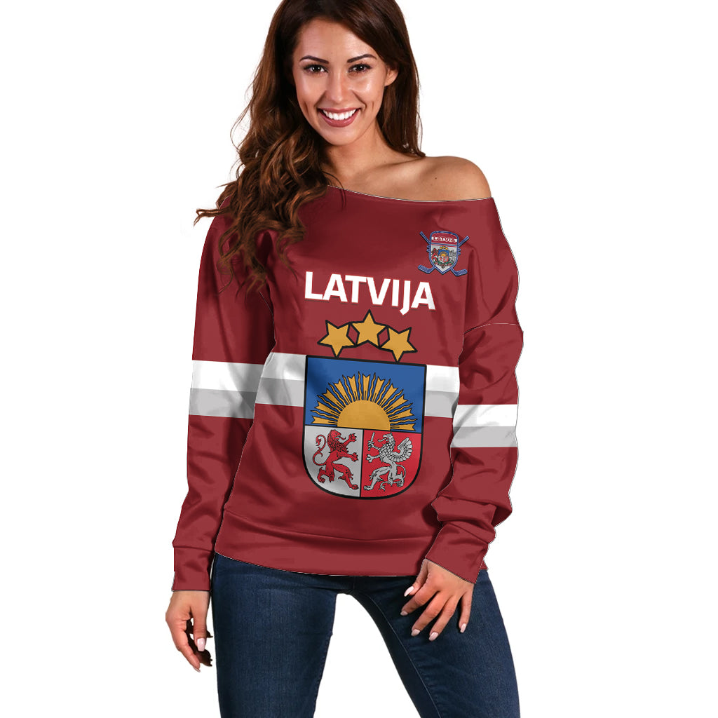 Custom Latvia Hockey Off Shoulder Sweater 2024 Go Latvija - Wonder Print Shop