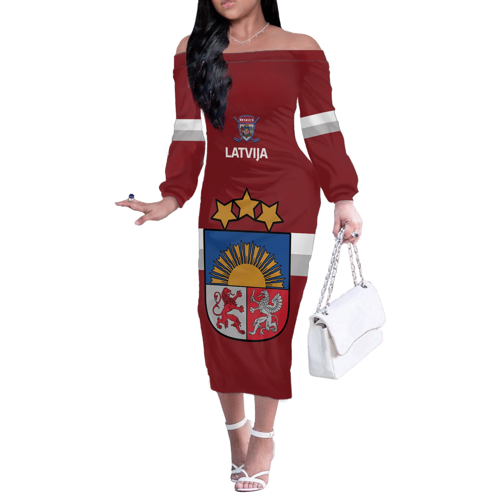 Custom Latvia Hockey Off The Shoulder Long Sleeve Dress 2024 Go Latvija