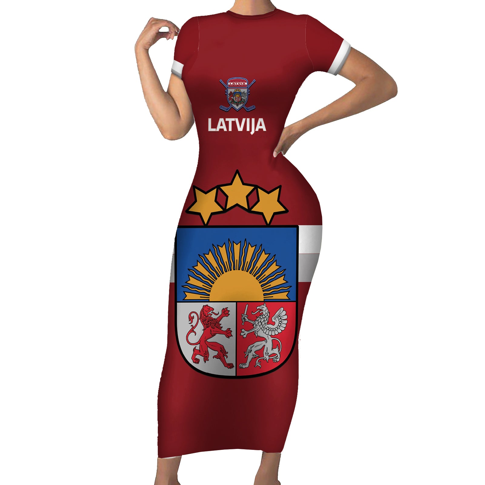 Custom Latvia Hockey Short Sleeve Bodycon Dress 2024 Go Latvija