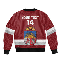 Red hockey zip bomber jacket with back print: stars, crest, number 14, white stripe