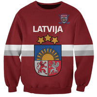 Red Latvia hockey sweatshirt with white sleeve stripes and crest graphic, crew neck