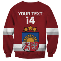 Red hockey sweatshirt with back 'YOUR TEXT' and number 14, crest and stripes