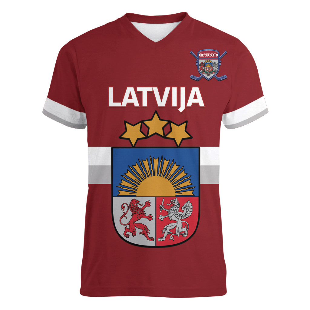 Custom Latvia Hockey Women V-Neck T-Shirt 2024 Go Latvija