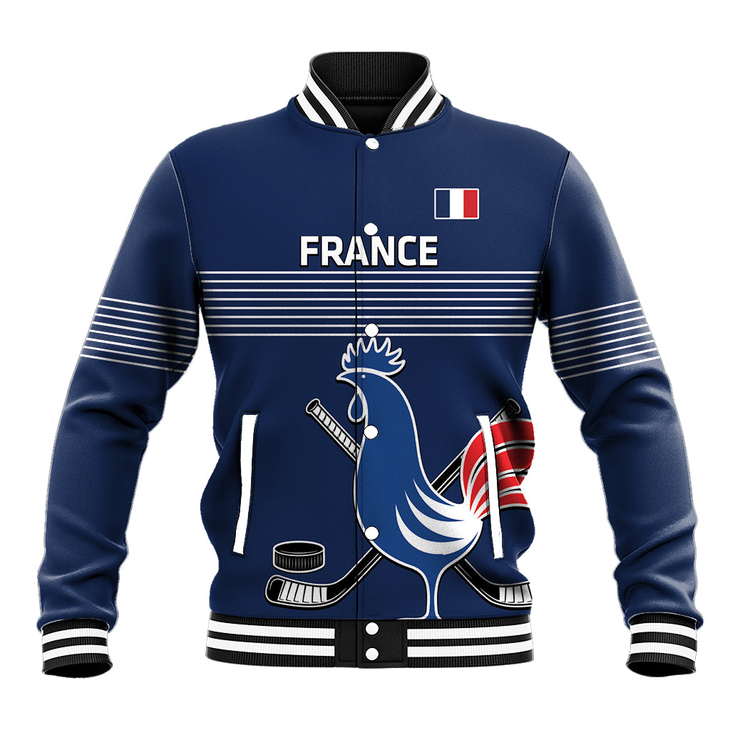 Navy blue varsity baseball jacket with ribbed collar, button front, France crest and rooster