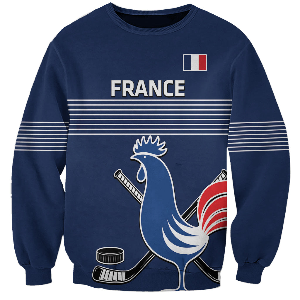 Blue hockey sweatshirt with France rooster graphic, stripe accents and flag patch