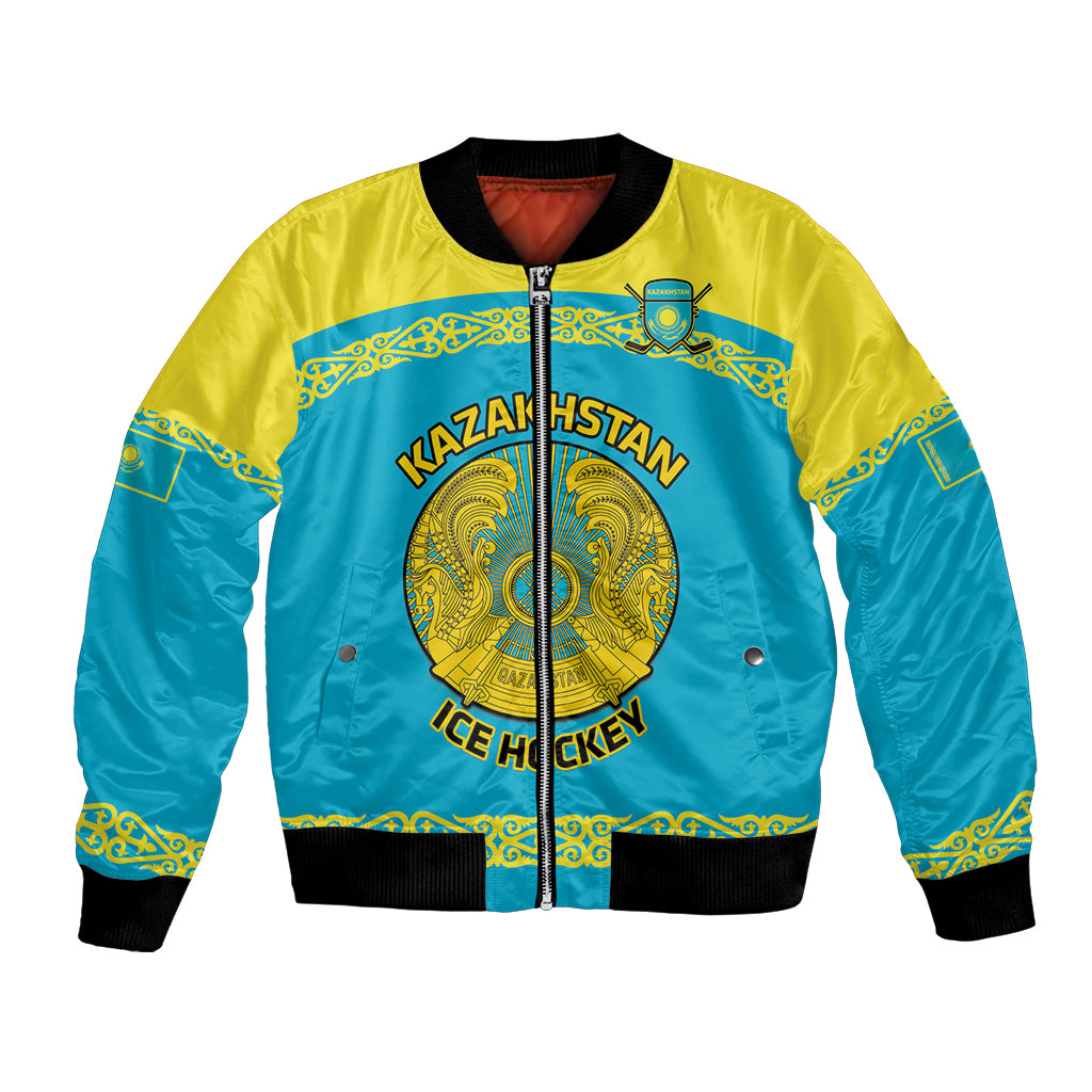 Hockey bomber jacket with front zipper, blue and yellow with Kazakhstan Ice Hockey graphic