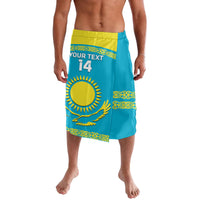Teal hockey lavalava with yellow waistband, 'YOUR TEXT 14' and large sun motif