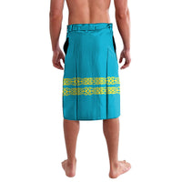 Hockey lavalava skirt, teal blue with yellow trim and patterned hem