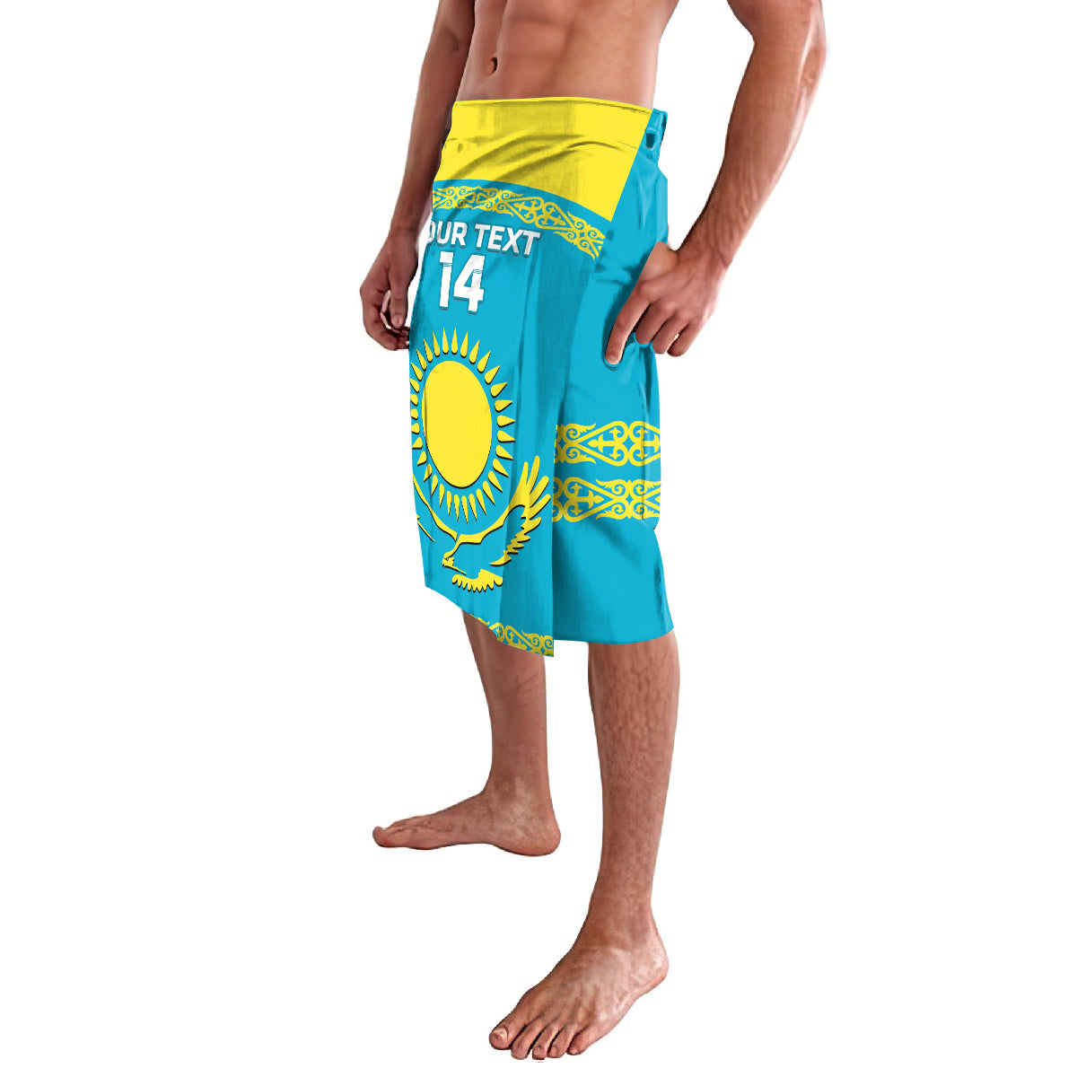 Teal hockey lavalava with yellow waistband, 'YOUR TEXT 14' and sun emblem