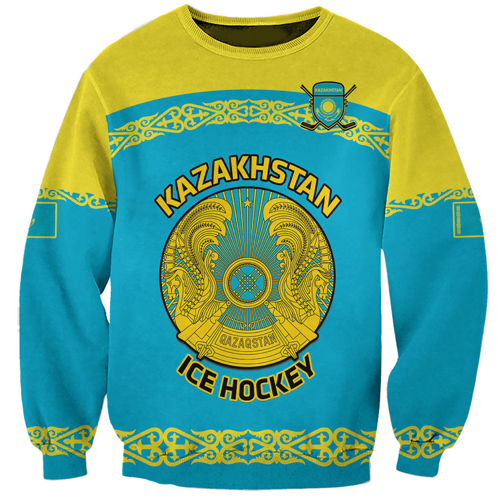 Unisex ice hockey sweatshirt, yellow and teal, with Kazakhstan crest and 'ICE HOCKEY' text