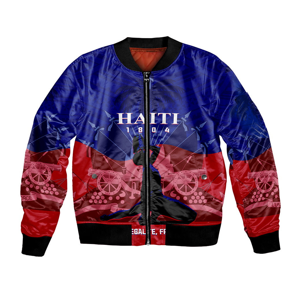 Unisex bomber jacket with blue/red graphic print, front zip, black ribbed collar & cuffs