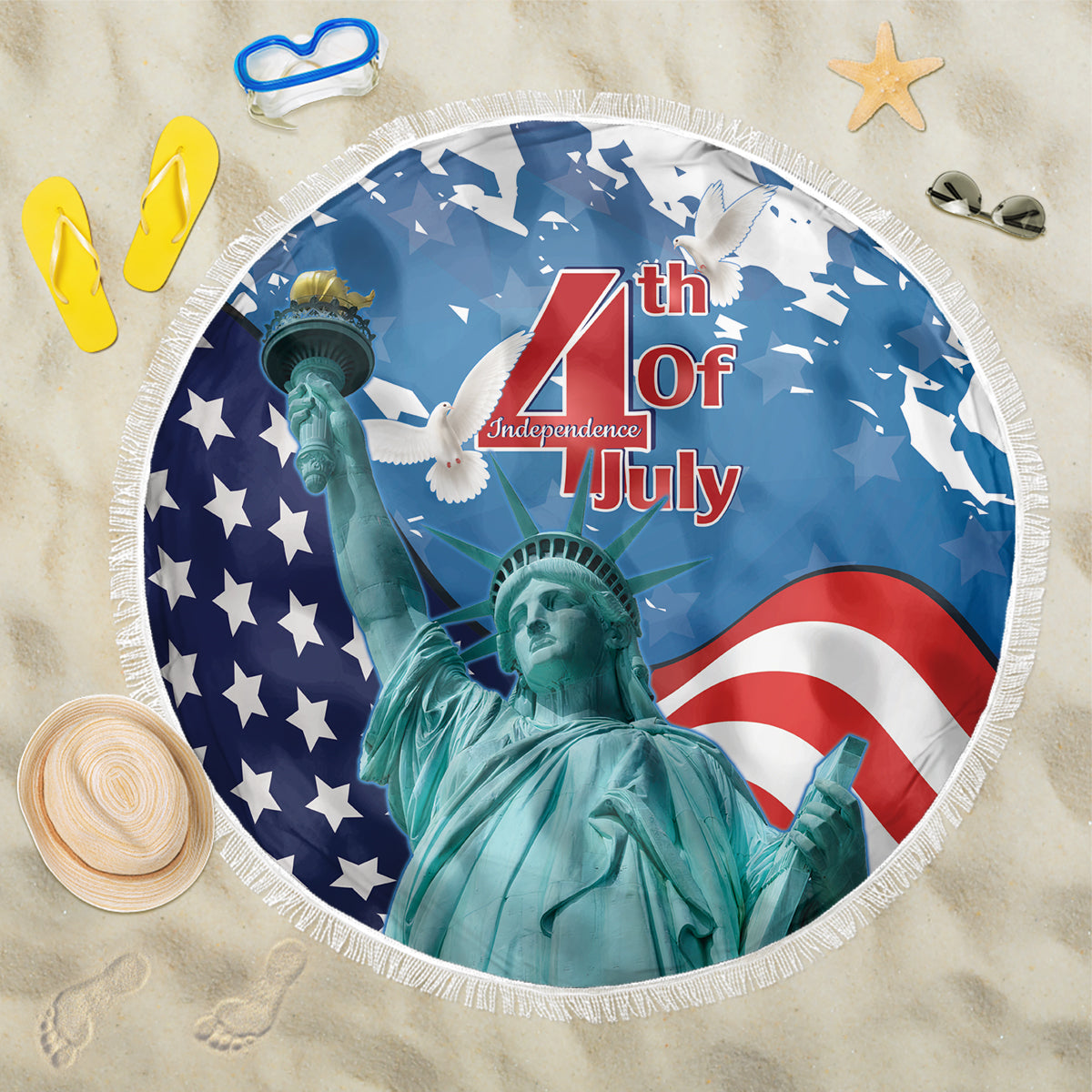 Round beach blanket with Statue of Liberty, '4th of July' text, red white blue stars, fringe