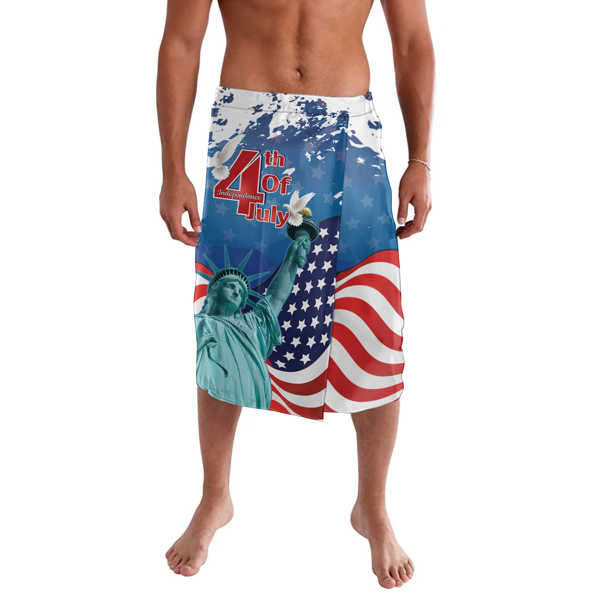 Patriotic blue lava lava skirt with Statue of Liberty graphic and 4th of July text