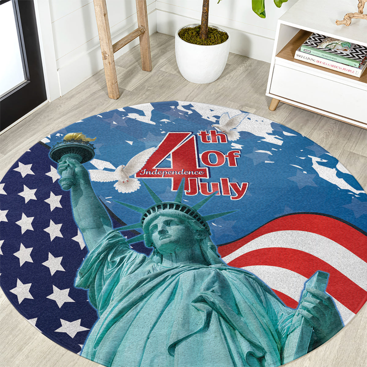 Blue round Independence Day rug featuring Statue of Liberty and surrounding stars