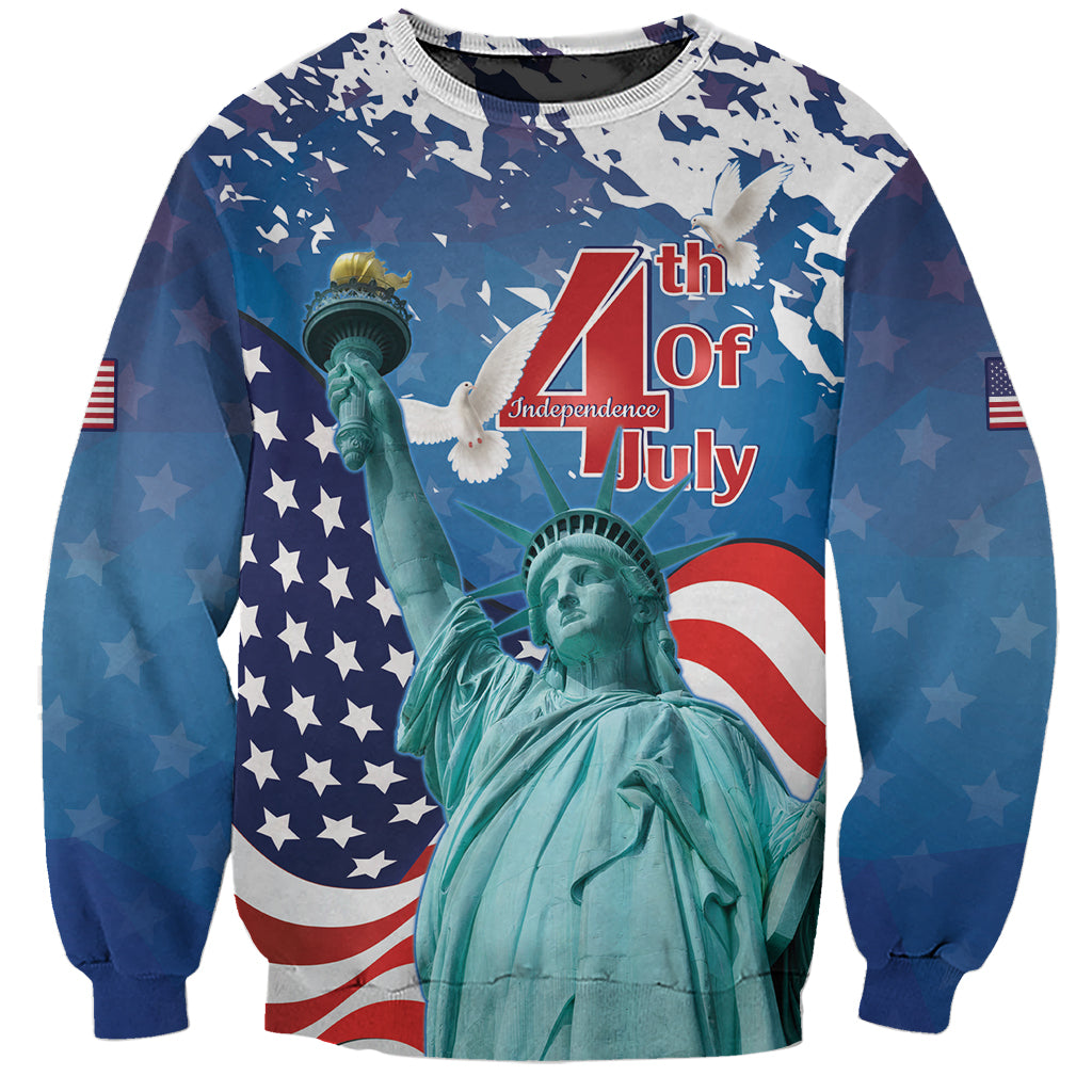 Unisex blue 4th of July sweatshirt with Statue of Liberty and stars graphic