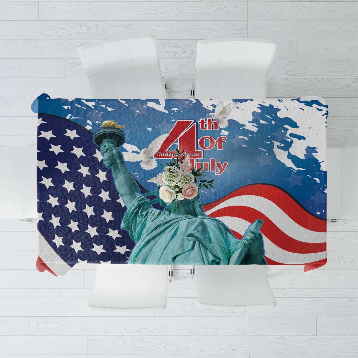 Blue Independence Day tablecloth with Statue of Liberty and stars flag print