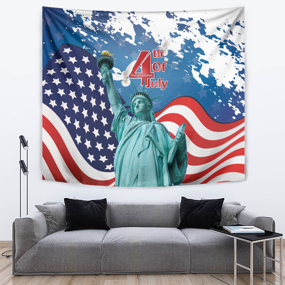 4th of July Statue of Liberty tapestry with USA flag stars and stripes, blue and white