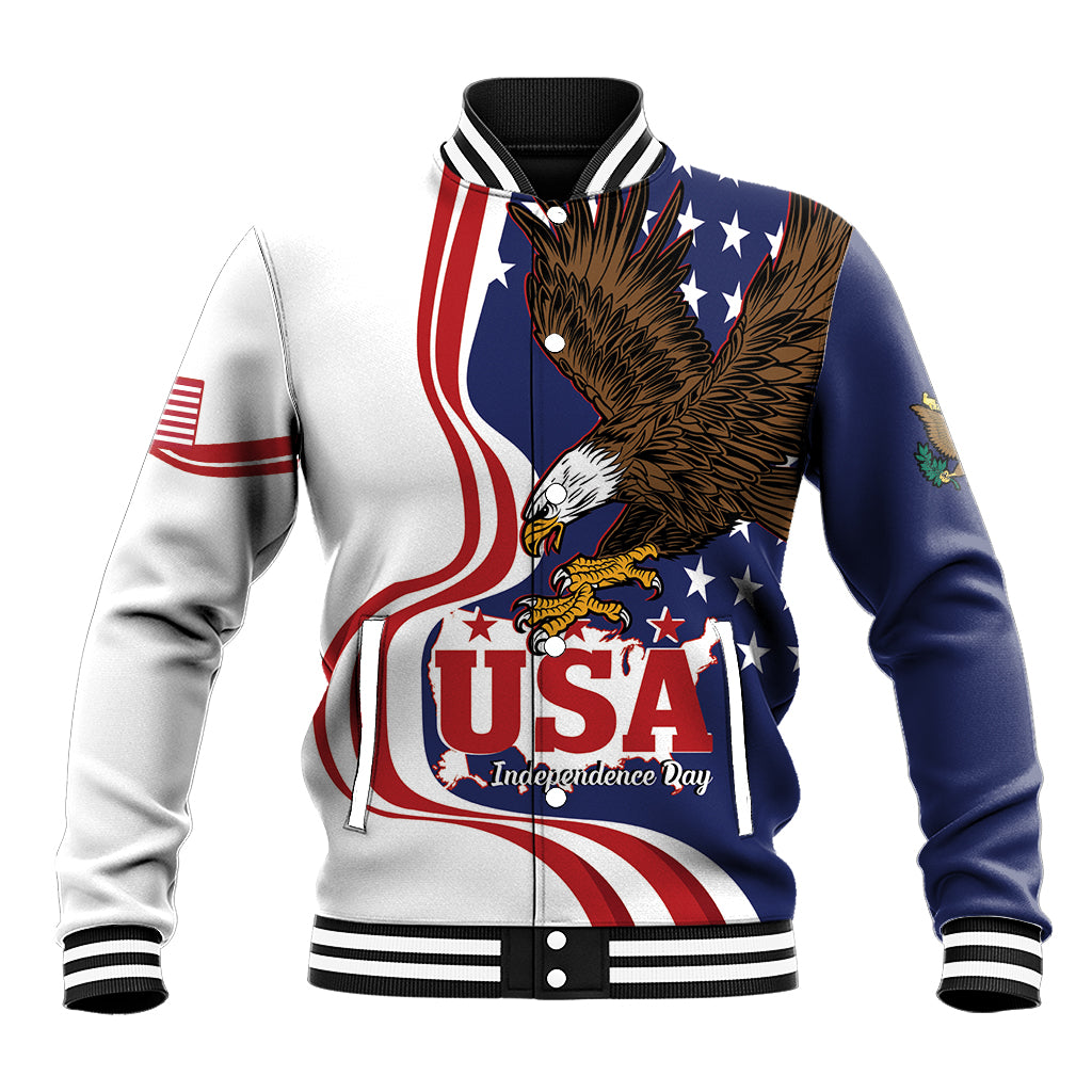 Unisex blue varsity baseball jacket with eagle and USA Independence Day graphic