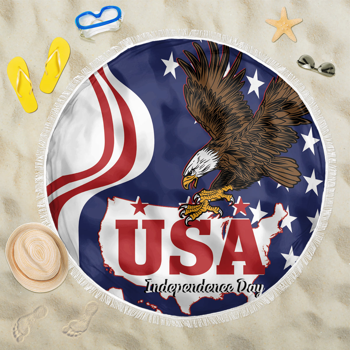 Round USA Independence Day beach blanket with bald eagle, stars, USA letters, fringed edge.