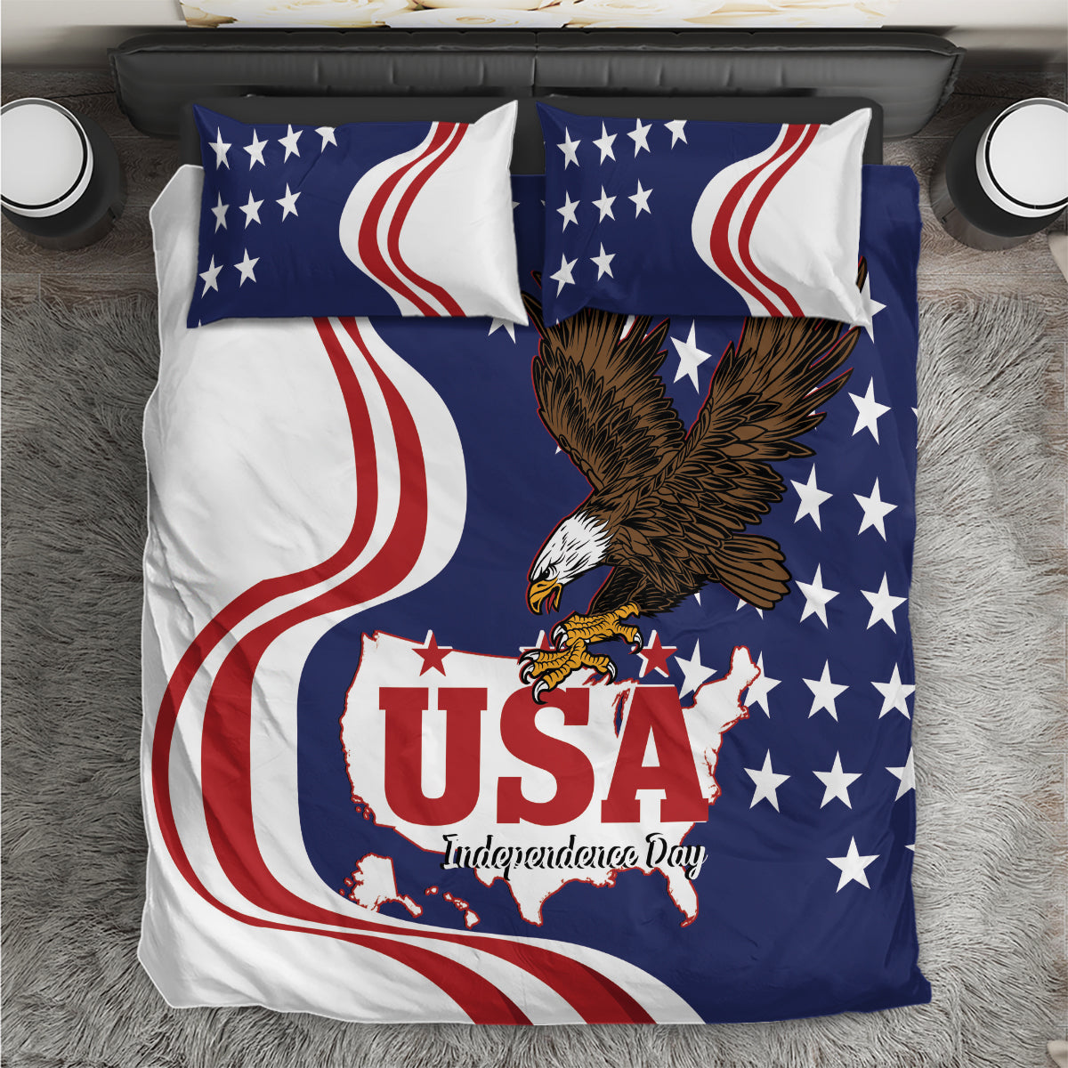 USA Independence Day bedding set with blue star and white red wave print, eagle graphic