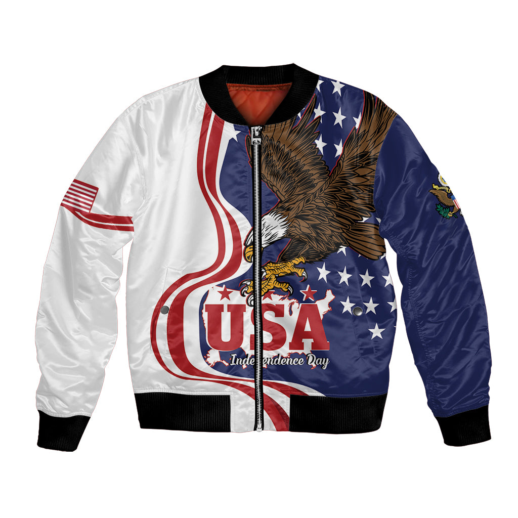Unisex Independence Day bomber jacket with eagle and USA graphic, zip front, ribbed cuffs
