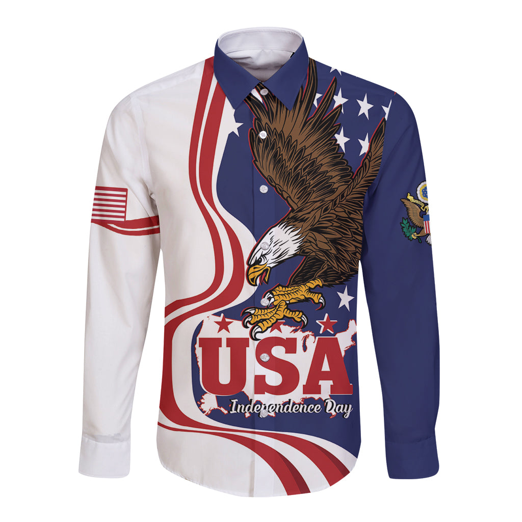 Unisex long sleeve button shirt with eagle graphic, USA text, stars and stripes