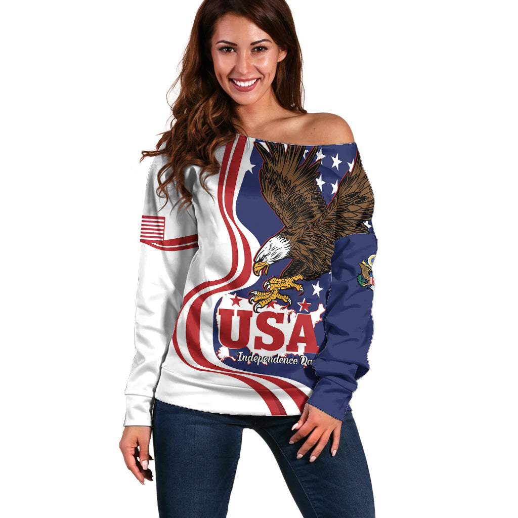 United States Independence Day Off Shoulder Sweater USA Bald Eagle Happy 4th Of July - Wonder Print Shop