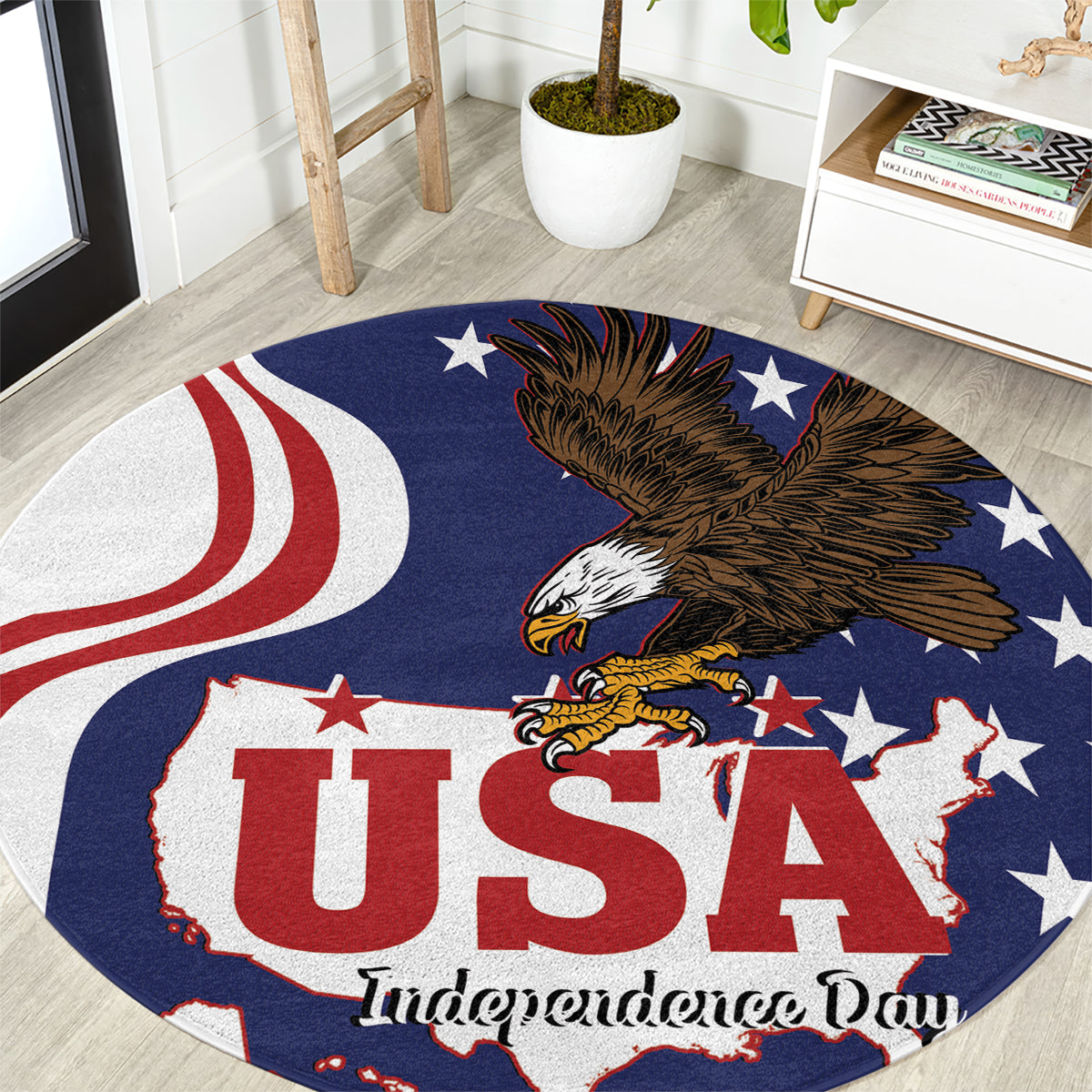 Blue round carpet with bald eagle, stars, and USA Independence Day print