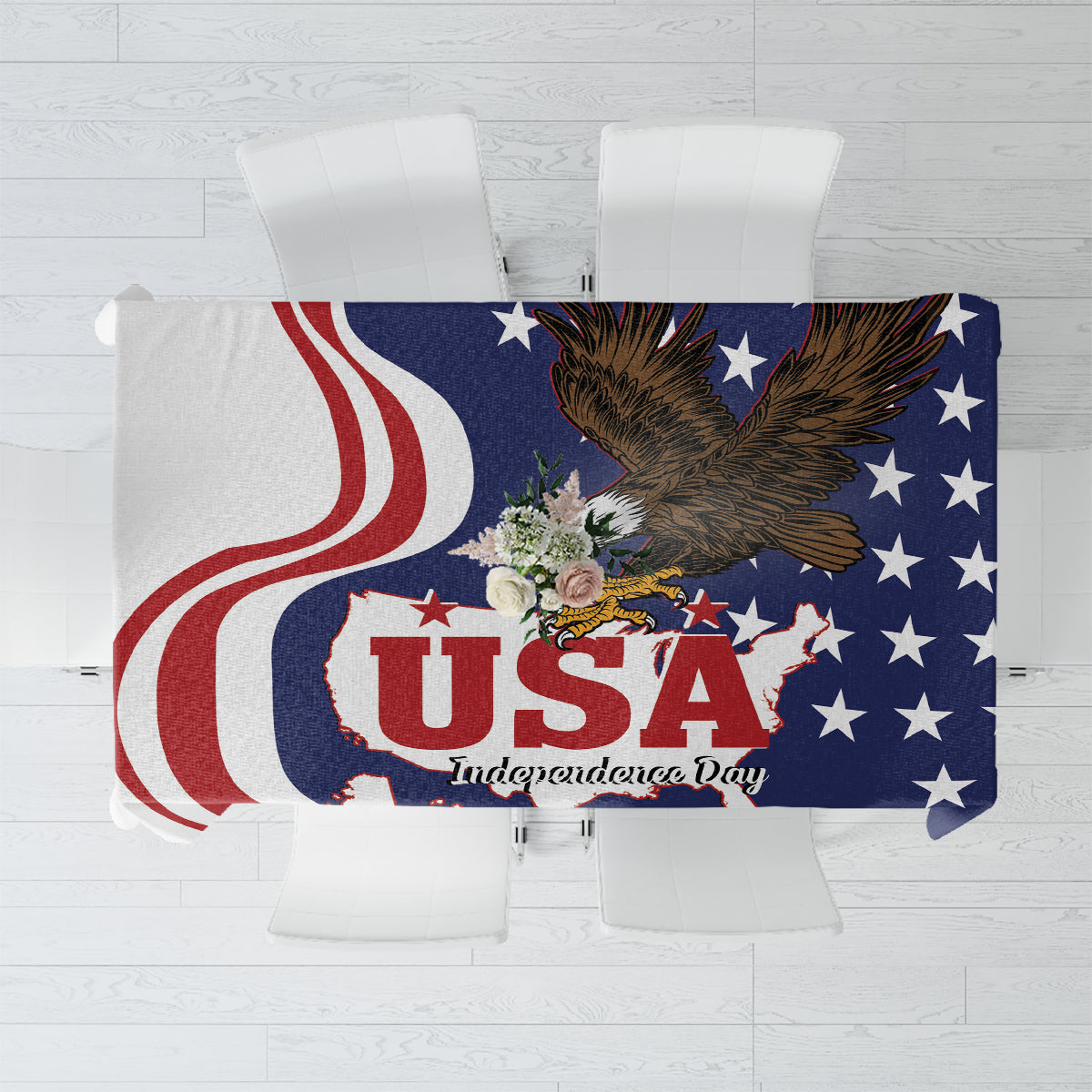Independence Day tablecloth with blue stars, red-and-white stripes, and bald eagle graphic
