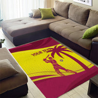Maroon and yellow rectangular area rug featuring 'YOUR TEXT' and cricket player artwork