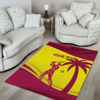 Maroon and yellow area rug with 'YOUR TEXT' and cricket player silhouette and ball