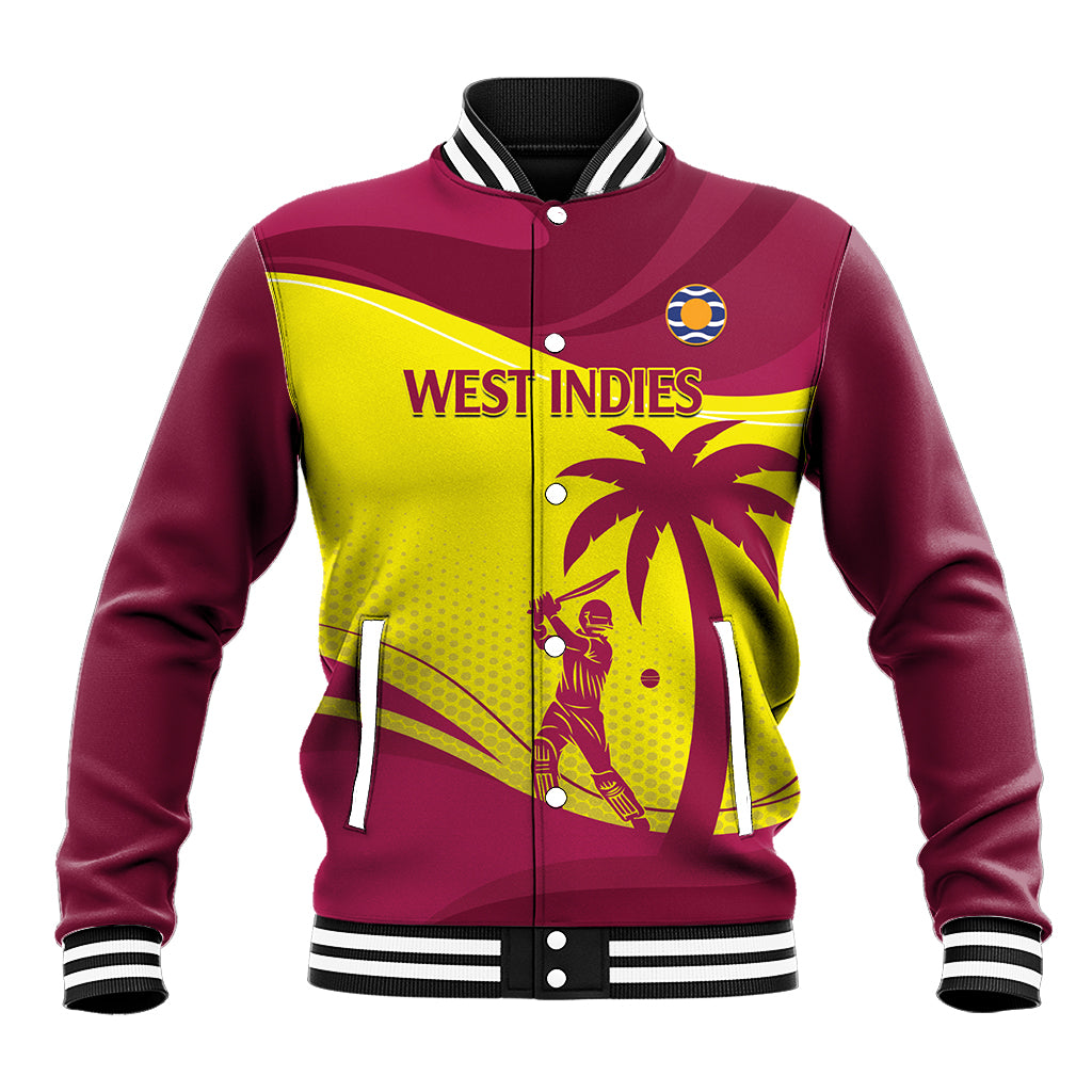 Maroon varsity jacket with yellow front graphic, snap buttons, striped collar and cuffs