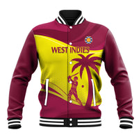 Maroon varsity jacket with yellow front graphic, snap buttons, striped collar and cuffs