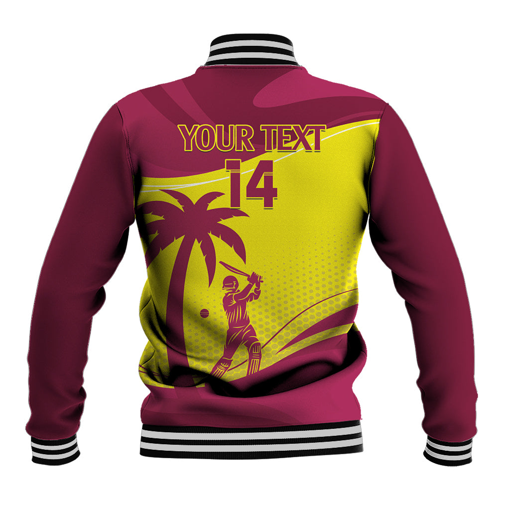 Maroon baseball jacket with yellow back graphic, striped collar, ribbed cuffs, and “14”