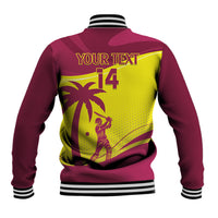 Maroon baseball jacket with yellow back graphic, striped collar, ribbed cuffs, and “14”
