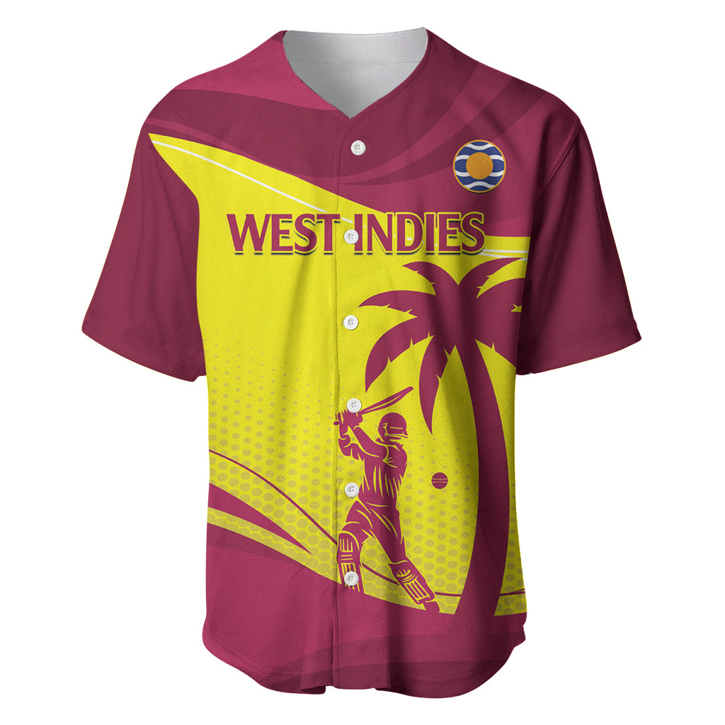 Maroon cricket baseball jersey with yellow West Indies logo and player graphic, button front