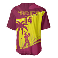 Maroon cricket jersey back with yellow palm graphic, 'YOUR TEXT' and '14', button front
