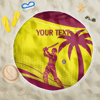 Maroon and yellow West Indies cricket round beach blanket with tassel fringe