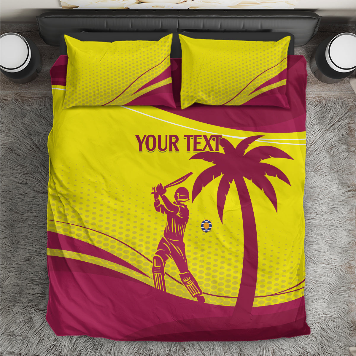 Maroon and yellow cricket bedding set with “YOUR TEXT” front graphic and matching pillowcases