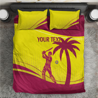 Maroon and yellow cricket bedding set with “YOUR TEXT” front graphic and matching pillowcases