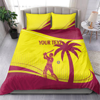 Yellow and maroon cricket bedding set with “YOUR TEXT” center text and palm player artwork