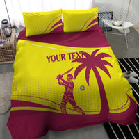 Maroon and yellow cricket bedding set with “YOUR TEXT” panel and palm player artwork