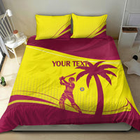 Yellow and maroon cricket bedding set showing “YOUR TEXT” and palm player emblem on duvet