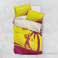 Maroon and yellow cricket duvet set with “YOUR TEXT” design and two coordinating pillow shams
